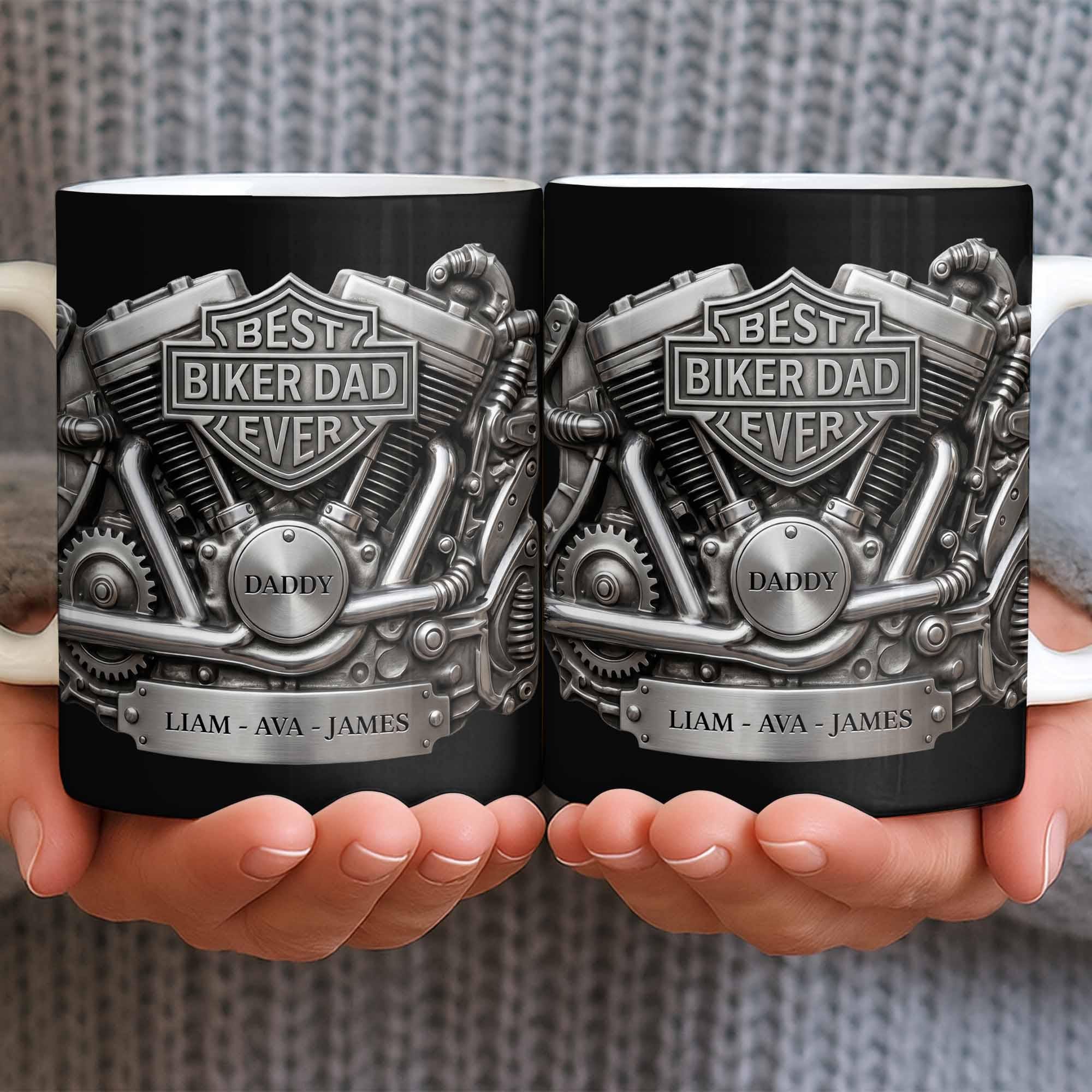 Personalized Best Biker Dad Ever Ceramic Coffee Mug,3D Chrome Motorcycle Engine Design,gift For Dad From daughter,Birthday Father's Day Gift