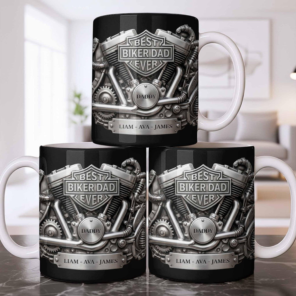 Personalized Best Biker Dad Ever Ceramic Coffee Mug,3D Chrome Motorcycle Engine Design,gift For Dad From daughter,Birthday Father's Day Gift