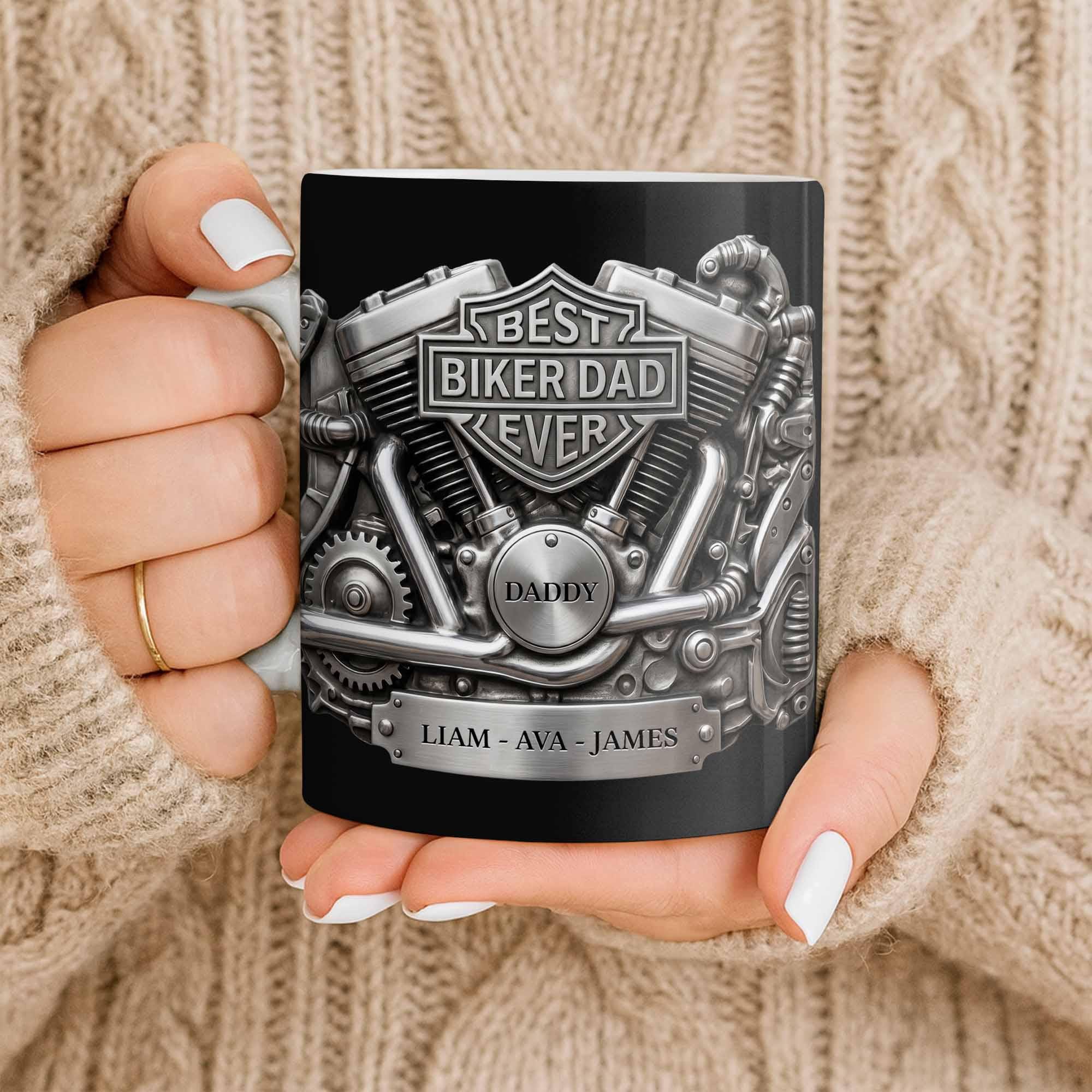 Personalized Best Biker Dad Ever Ceramic Coffee Mug,3D Chrome Motorcycle Engine Design,gift For Dad From daughter,Birthday Father's Day Gift