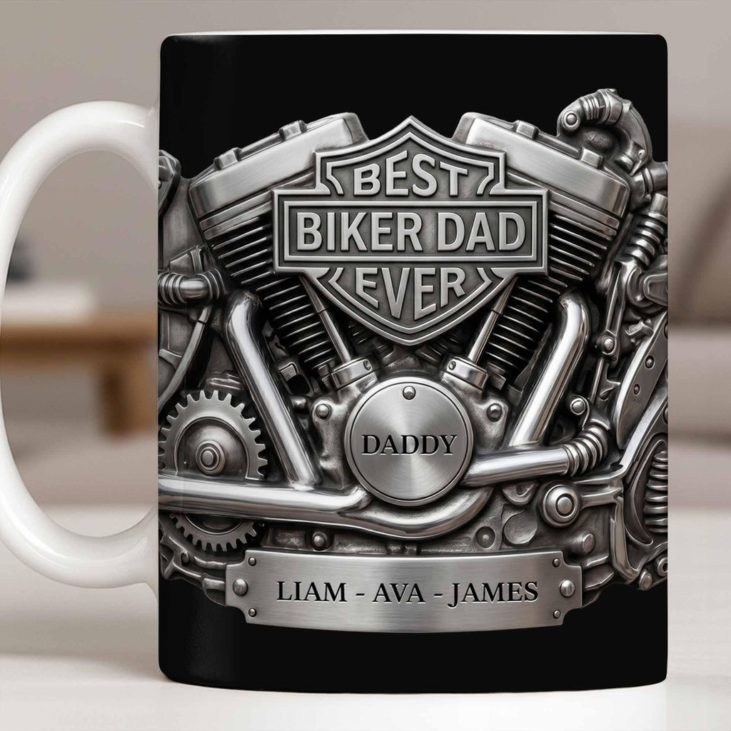 Personalized Best Biker Dad Ever Ceramic Coffee Mug,3D Chrome Motorcycle Engine Design,gift For Dad From daughter,Birthday Father's Day Gift