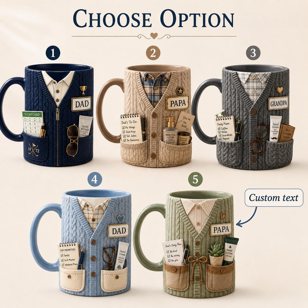 3D Dad Cardigan Accent Mug, Personalized Custom Text Ceramic Coffee Cup, Cozy Sweater Papa Grandpa Gift, Father’s Day Mug