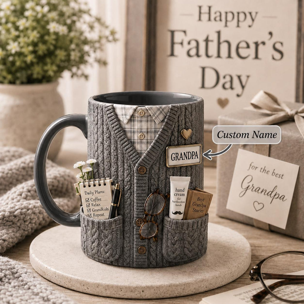 3D Dad Cardigan Accent Mug, Personalized Custom Text Ceramic Coffee Cup, Cozy Sweater Papa Grandpa Gift, Father’s Day Mug