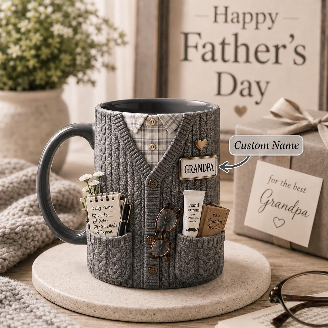 3D Dad Cardigan Accent Mug, Personalized Custom Text Ceramic Coffee Cup, Cozy Sweater Papa Grandpa Gift, Father’s Day Mug