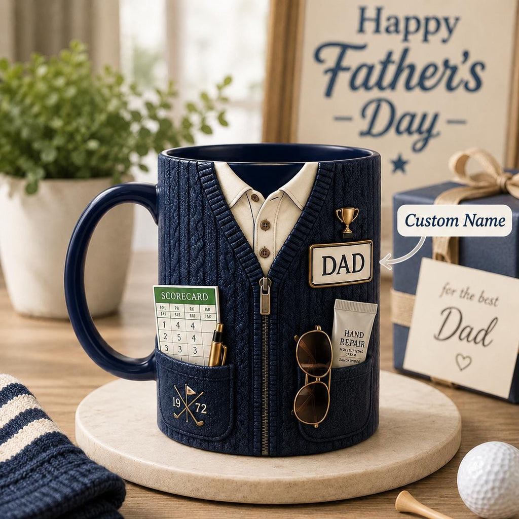 3D Dad Cardigan Accent Mug, Personalized Custom Text Ceramic Coffee Cup, Cozy Sweater Papa Grandpa Gift, Father’s Day Mug