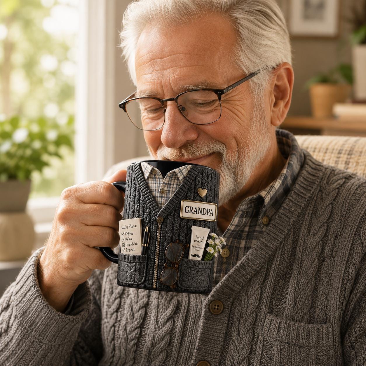 3D Dad Cardigan Accent Mug, Personalized Custom Text Ceramic Coffee Cup, Cozy Sweater Papa Grandpa Gift, Father’s Day Mug