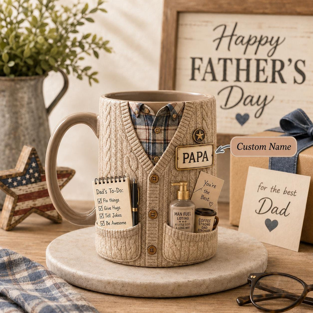 3D Dad Cardigan Accent Mug, Personalized Custom Text Ceramic Coffee Cup, Cozy Sweater Papa Grandpa Gift, Father’s Day Mug