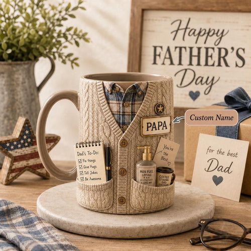 3D Dad Cardigan Accent Mug, Personalized Custom Text Ceramic Coffee Cup, Cozy Sweater Papa Grandpa Gift, Father’s Day Mug