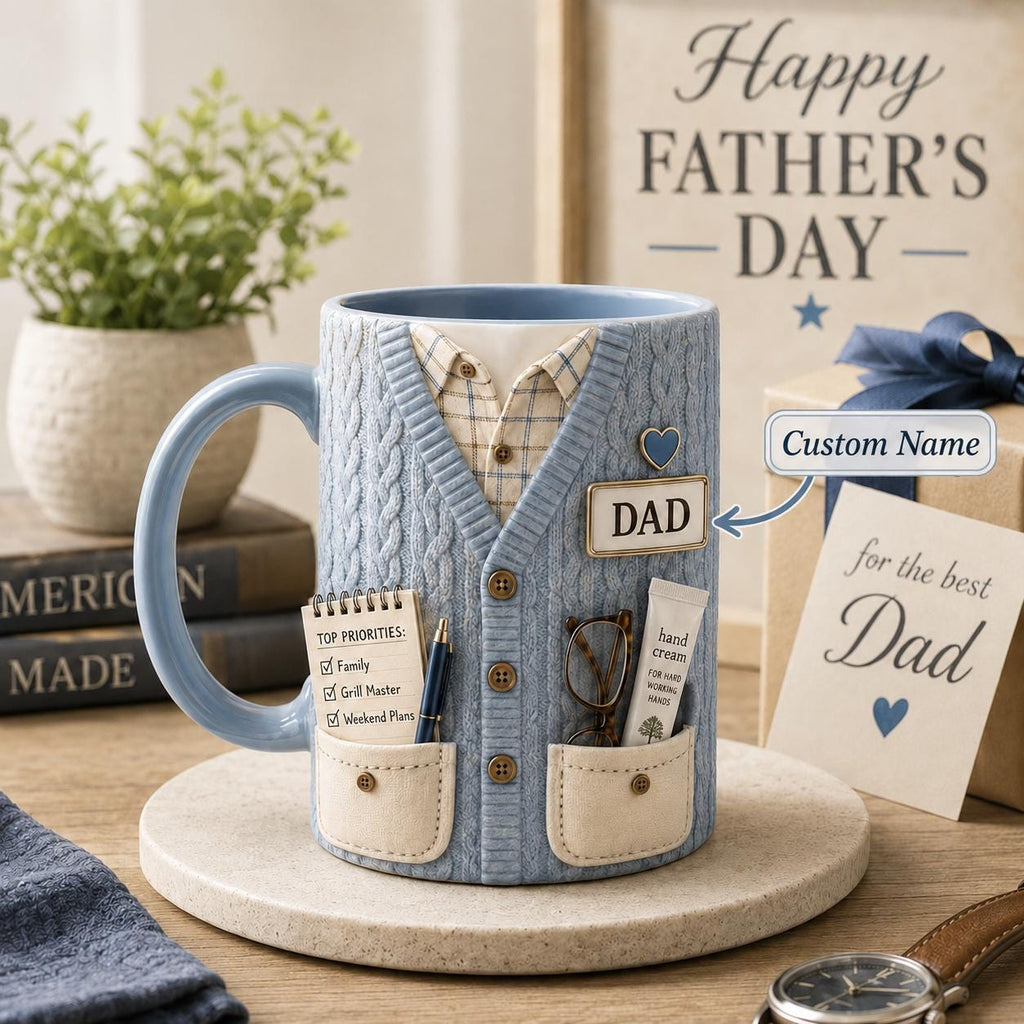 3D Dad Cardigan Accent Mug, Personalized Custom Text Ceramic Coffee Cup, Cozy Sweater Papa Grandpa Gift, Father’s Day Mug