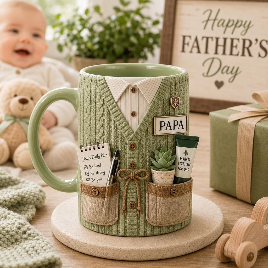 3D Dad Cardigan Accent Mug, Personalized Custom Text Ceramic Coffee Cup, Cozy Sweater Papa Grandpa Gift, Father’s Day Mug