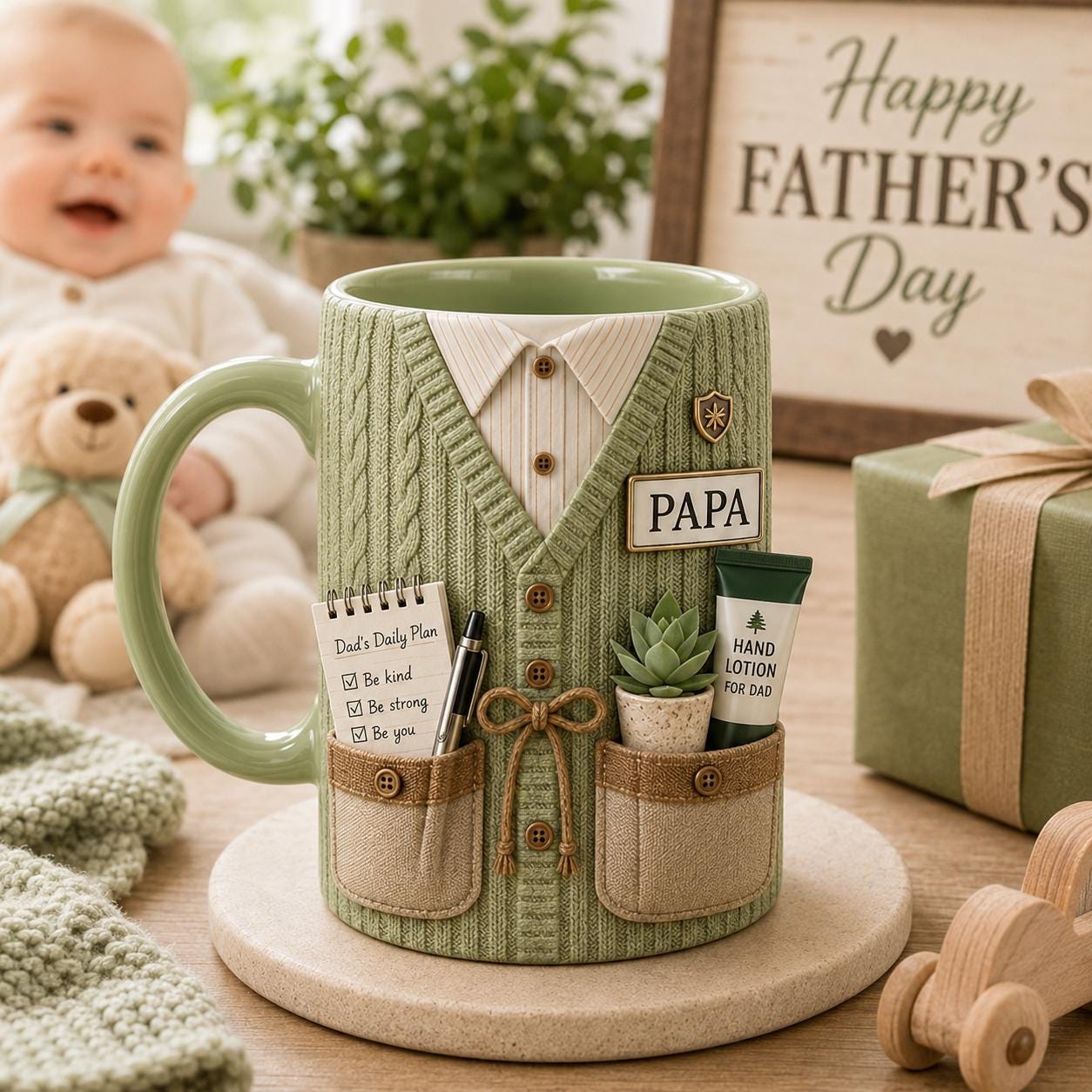 3D Dad Cardigan Accent Mug, Personalized Custom Text Ceramic Coffee Cup, Cozy Sweater Papa Grandpa Gift, Father’s Day Mug