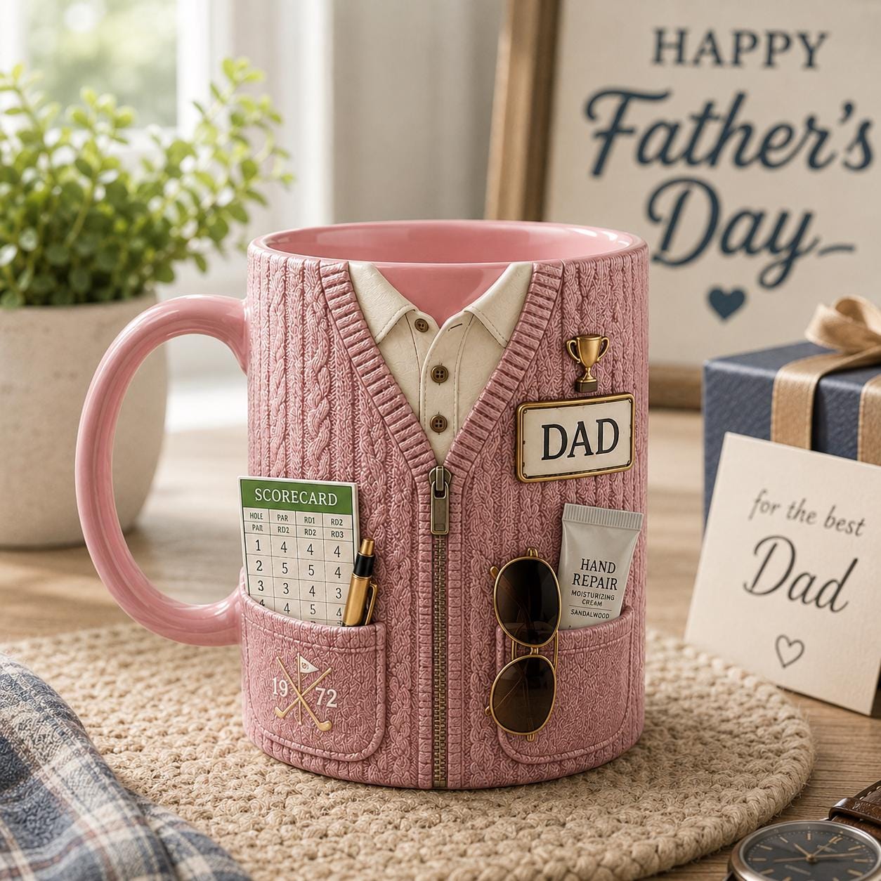 3D Dad Cardigan Accent Mug, Personalized Custom Text Ceramic Coffee Cup, Cozy Sweater Papa Grandpa Gift, Father’s Day Mug