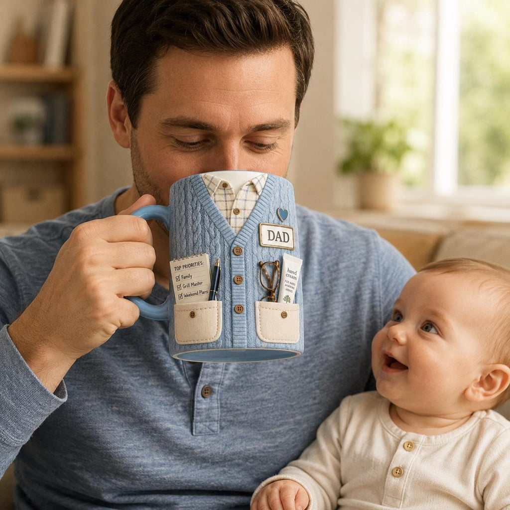 3D Dad Cardigan Accent Mug, Personalized Custom Text Ceramic Coffee Cup, Cozy Sweater Papa Grandpa Gift, Father’s Day Mug