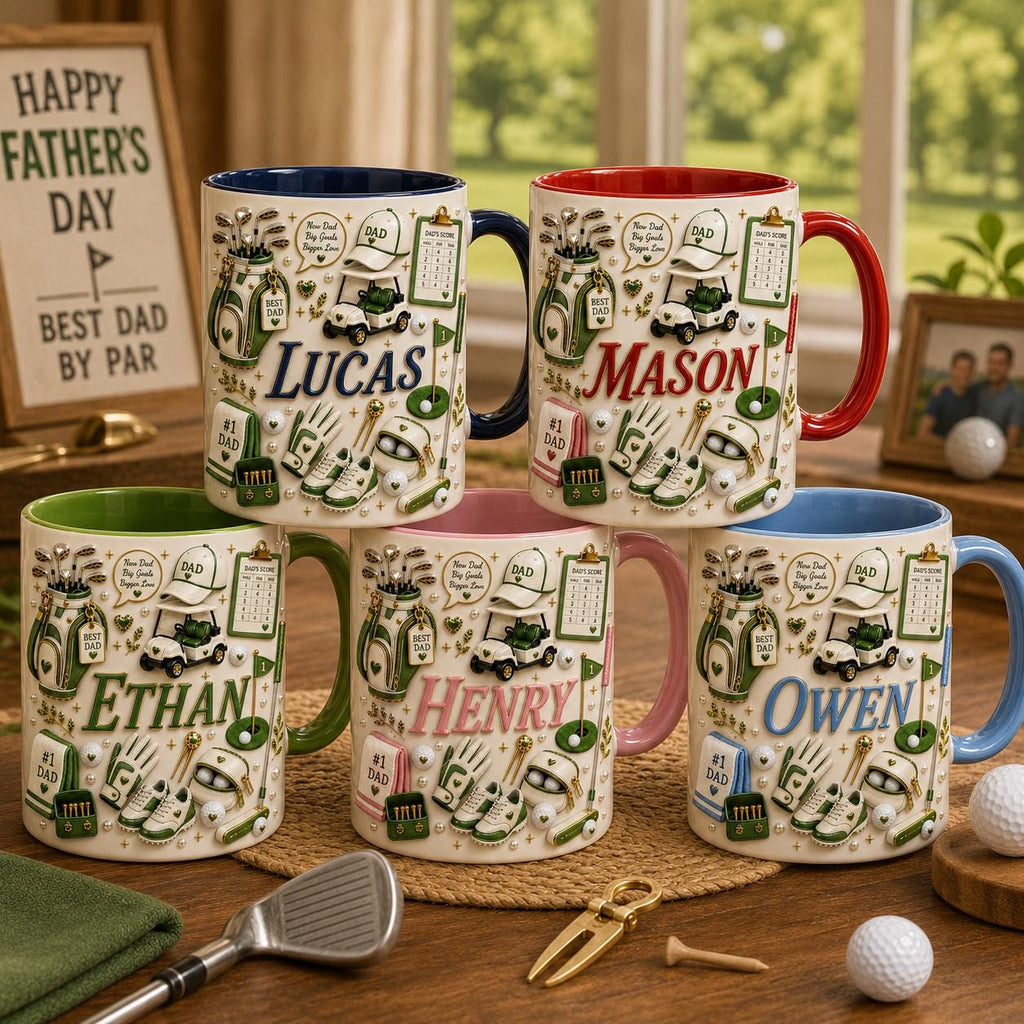 3D Golf Dad Accent Mug, Personalized Name Ceramic Coffee Cup, Best Dad By Par Father’s Day Gift, Custom Golf Lover Mug