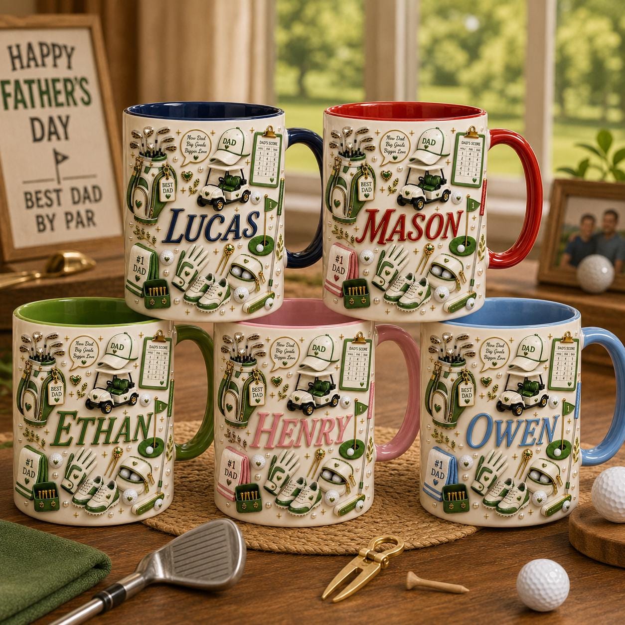 3D Golf Dad Accent Mug, Personalized Name Ceramic Coffee Cup, Best Dad By Par Father’s Day Gift, Custom Golf Lover Mug