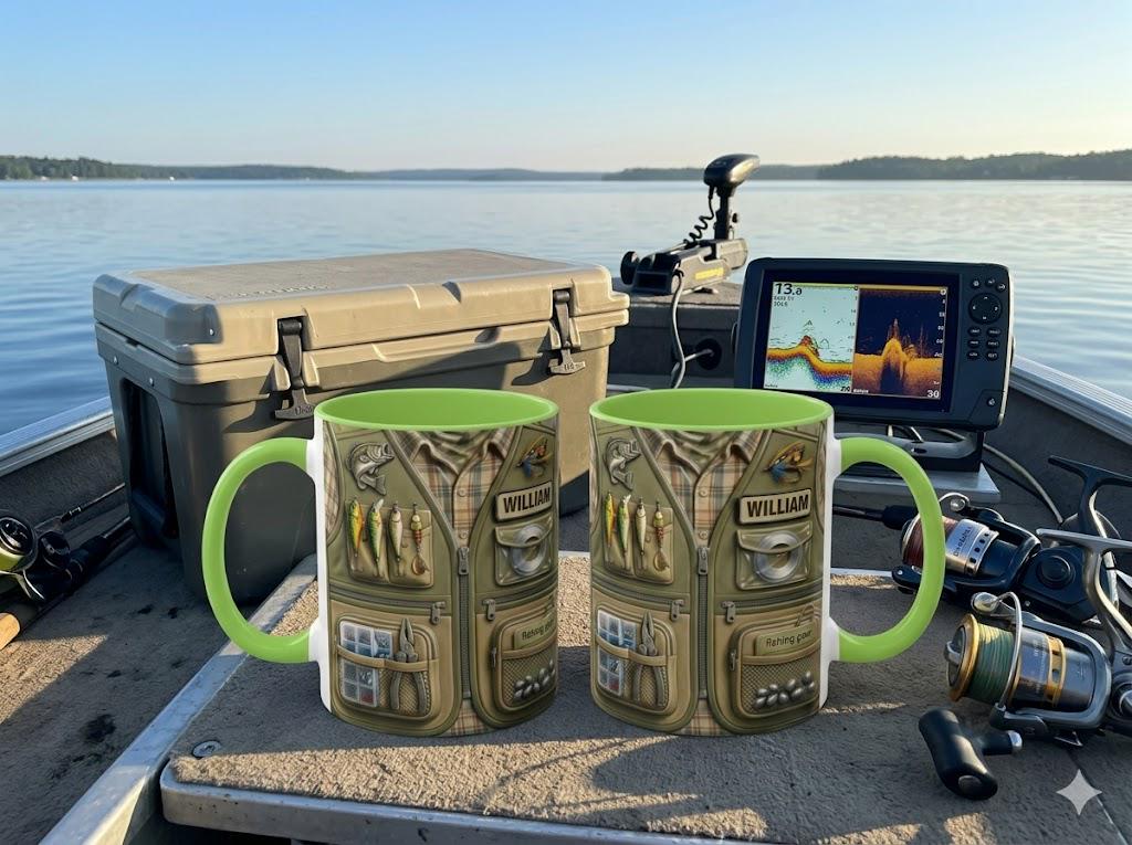 Personalized Fishing Mug, Custom 3D Fishing Vest Design Coffee Cup for Dad Grandpa, Angler Tackle Gear Gift 11oz 15oz Father's Day Gift