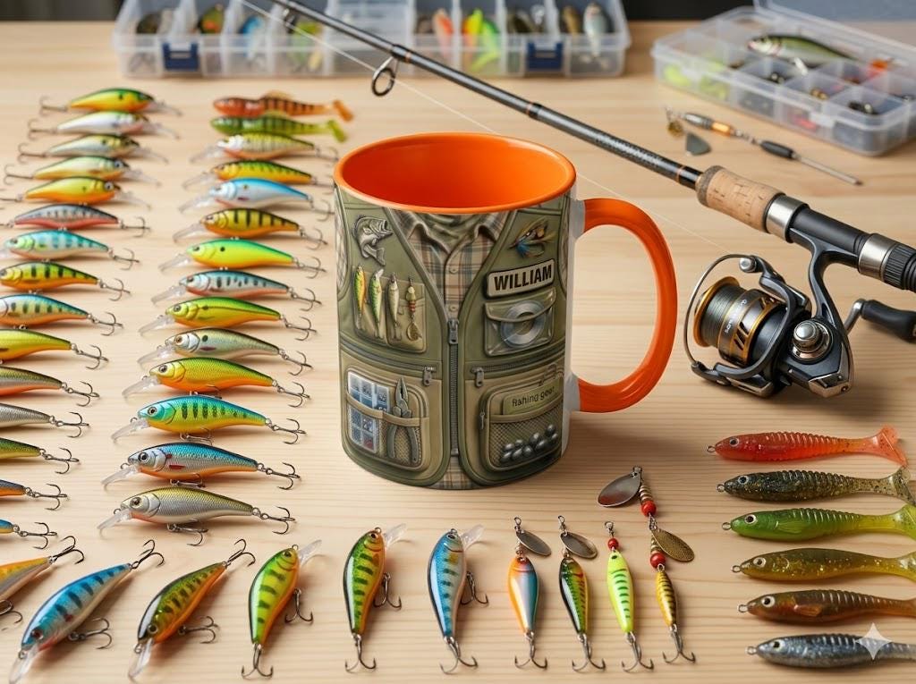 Personalized Fishing Mug, Custom 3D Fishing Vest Design Coffee Cup for Dad Grandpa, Angler Tackle Gear Gift 11oz 15oz Father's Day Gift