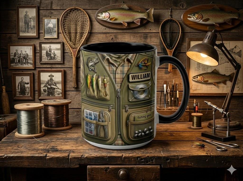 Personalized Fishing Mug, Custom 3D Fishing Vest Design Coffee Cup for Dad Grandpa, Angler Tackle Gear Gift 11oz 15oz Father's Day Gift