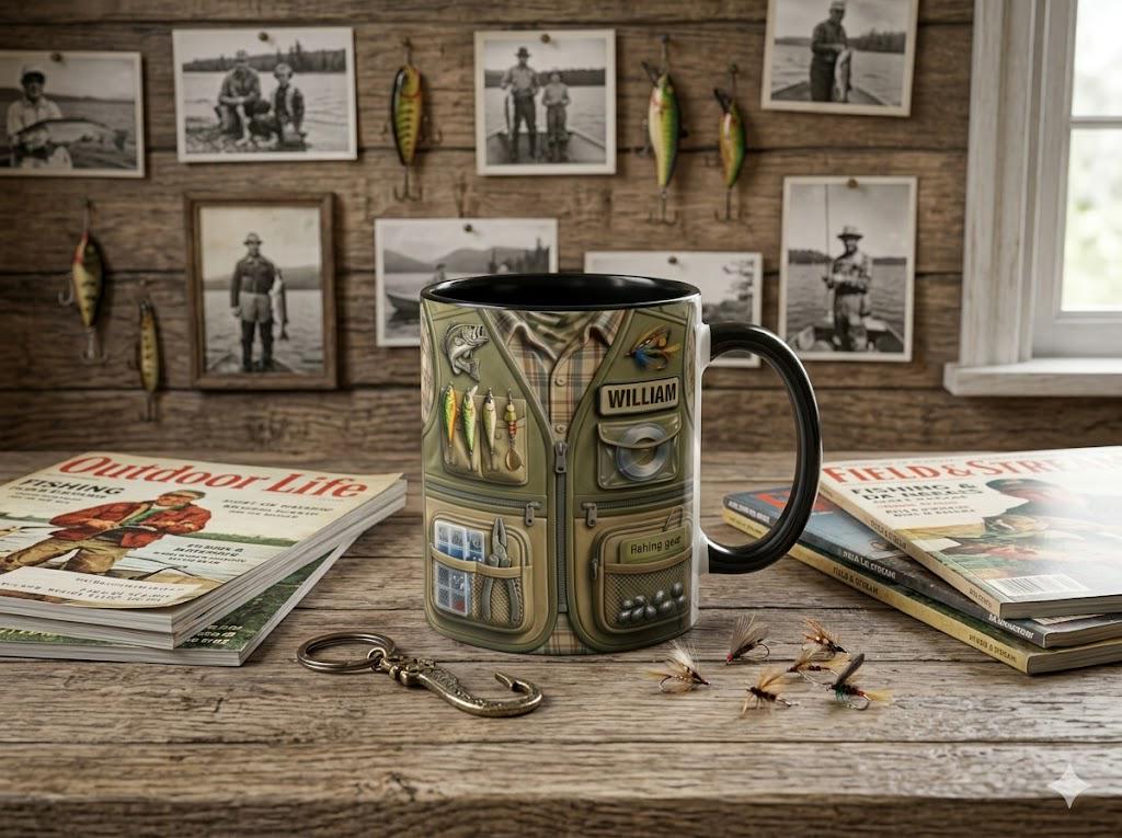 Personalized Fishing Mug, Custom 3D Fishing Vest Design Coffee Cup for Dad Grandpa, Angler Tackle Gear Gift 11oz 15oz Father's Day Gift