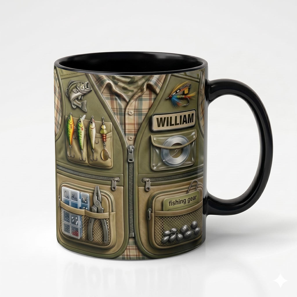 Personalized Fishing Mug, Custom 3D Fishing Vest Design Coffee Cup for Dad Grandpa, Angler Tackle Gear Gift 11oz 15oz Father's Day Gift
