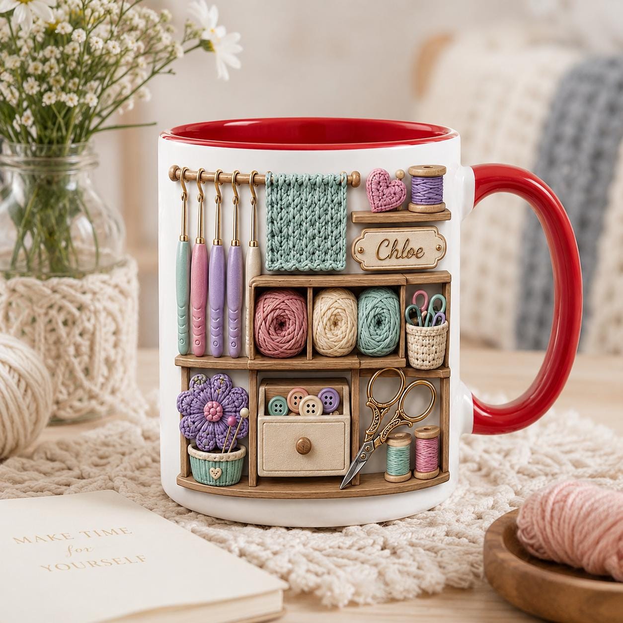 Personalized Crochet  Faux 3D Mug, Knitting Lover Coffee Mug, Craft Room Cup, Gift for Crocheter, Yarn Lover Gift