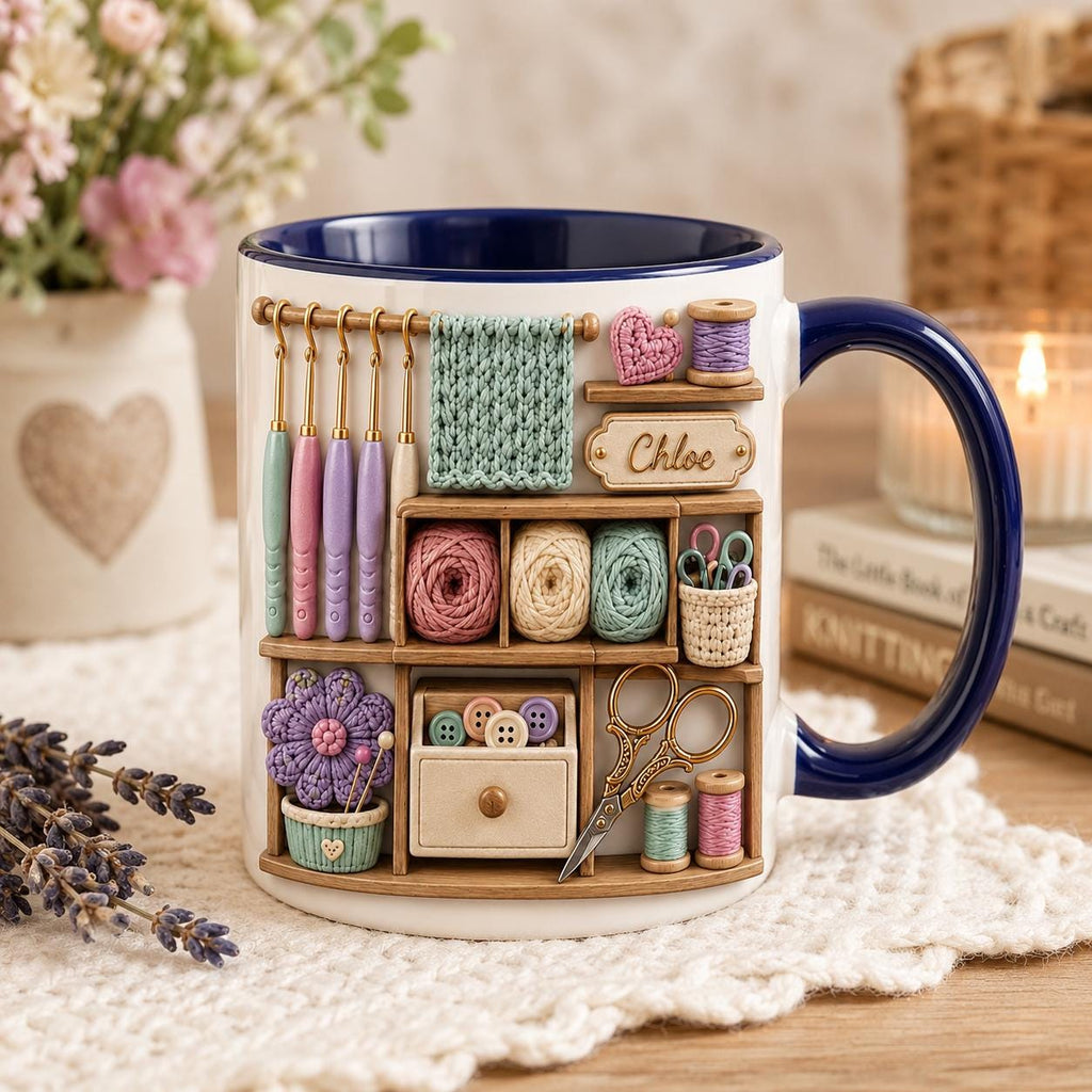 Personalized Crochet  Faux 3D Mug, Knitting Lover Coffee Mug, Craft Room Cup, Gift for Crocheter, Yarn Lover Gift