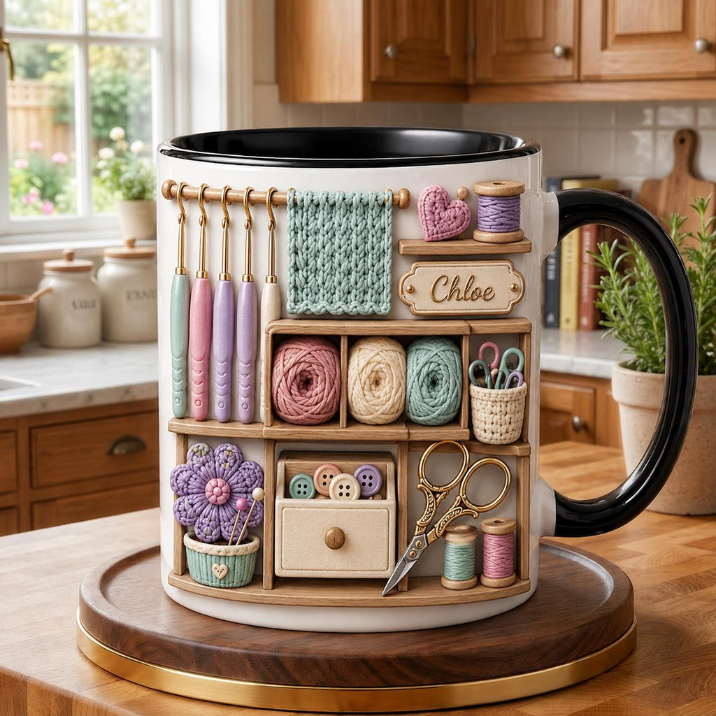 Personalized Crochet  Faux 3D Mug, Knitting Lover Coffee Mug, Craft Room Cup, Gift for Crocheter, Yarn Lover Gift