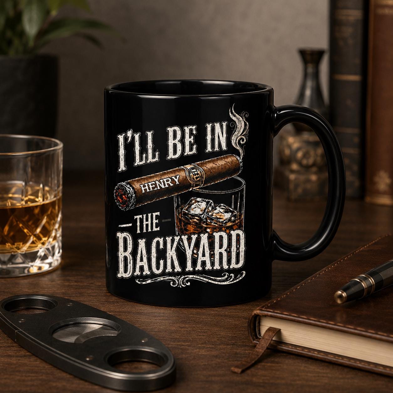 Personalized I'll Be In The Backyard Mug, Gift For Husband Dad From Wife Kids, Whiskey Cigar Coffee Cup, Father's Day Birthday Gift