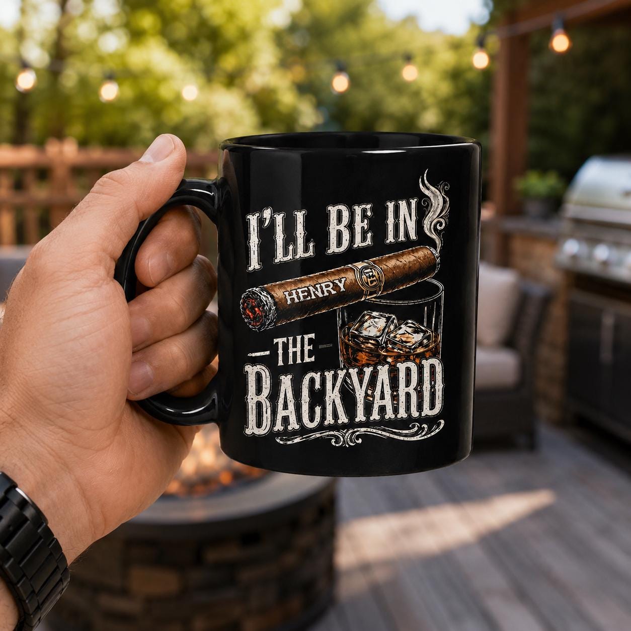 Personalized I'll Be In The Backyard Mug, Gift For Husband Dad From Wife Kids, Whiskey Cigar Coffee Cup, Father's Day Birthday Gift
