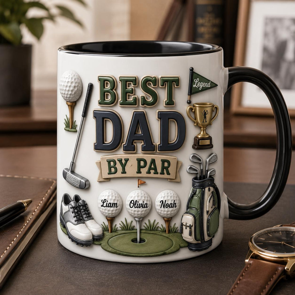 Personalized Golf Dad Mug, Best Dad By Par Faux 3D Effect Mug, Golf Gift for Him, Father's Day Birthday