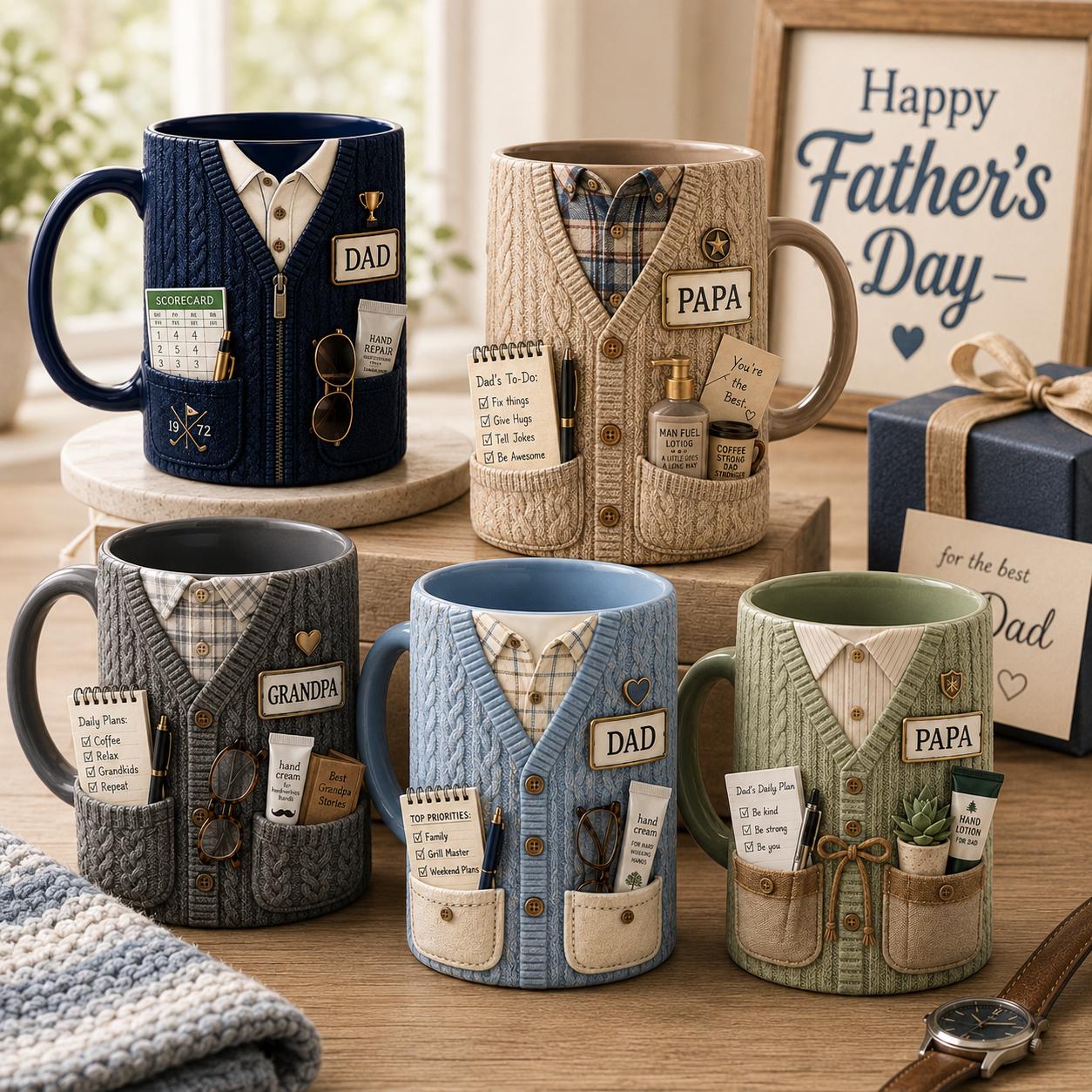 3D Dad Cardigan Accent Mug, Personalized Custom Text Ceramic Coffee Cup, Cozy Sweater Papa Grandpa Gift, Father’s Day Mug