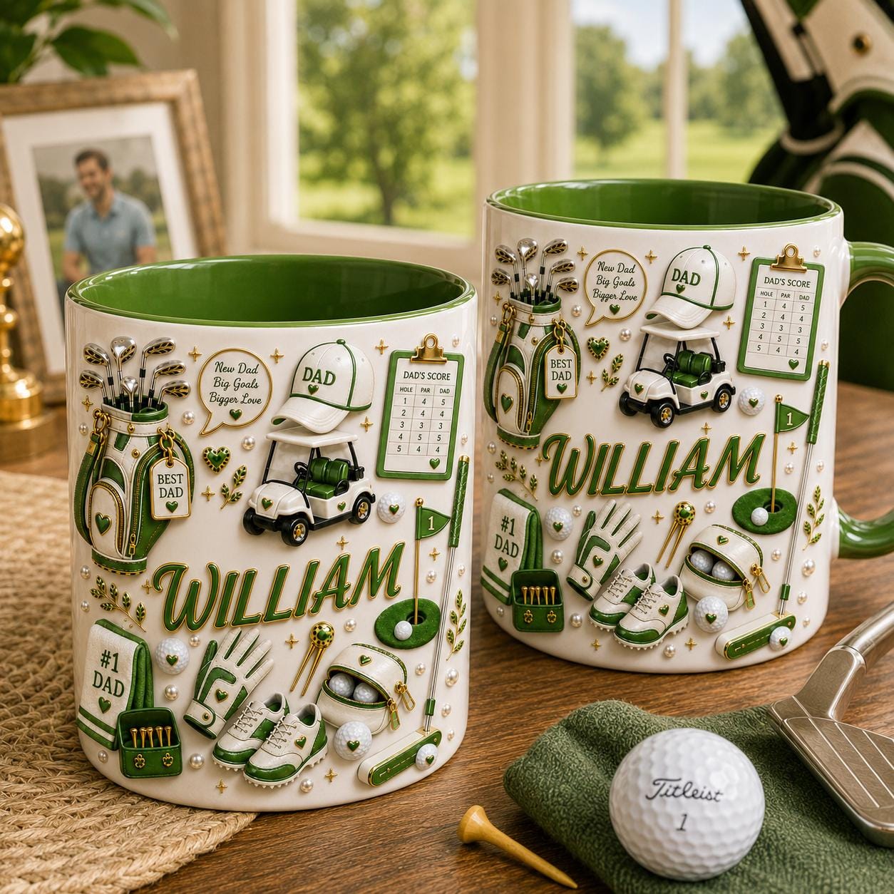 3D Golf Dad Accent Mug, Personalized Name Ceramic Coffee Cup, Best Dad By Par Father’s Day Gift, Custom Golf Lover Mug