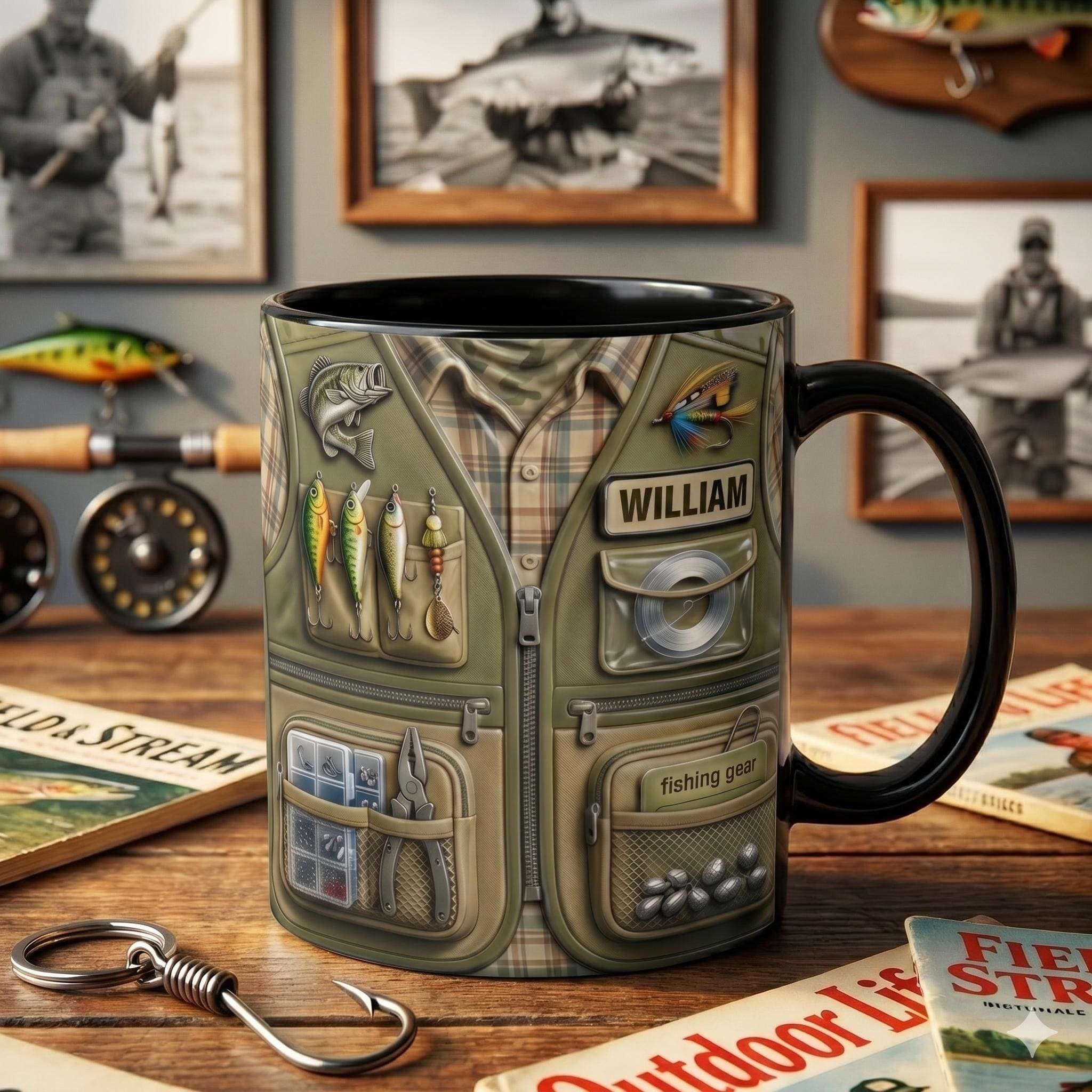 Personalized Fishing Mug, Custom 3D Fishing Vest Design Coffee Cup for Dad Grandpa, Angler Tackle Gear Gift 11oz 15oz Father's Day Gift