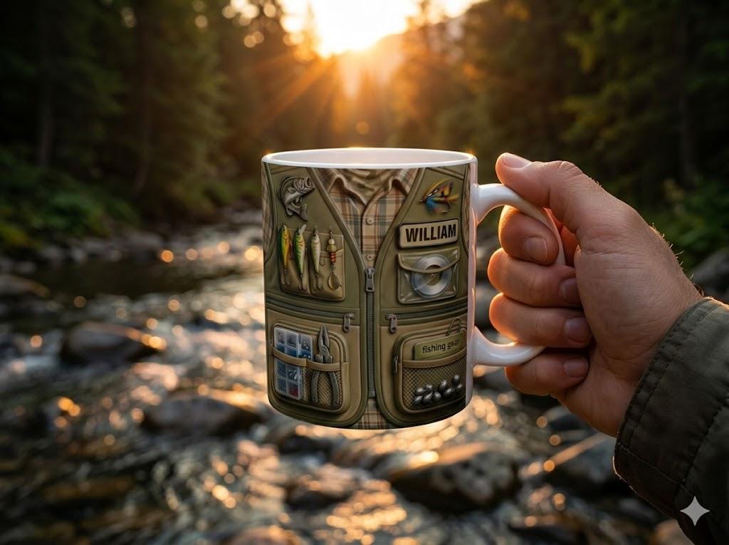 Personalized Fishing Mug, Custom 3D Fishing Vest Design Coffee Cup for Dad Grandpa, Angler Tackle Gear Gift 11oz 15oz Father's Day Gift