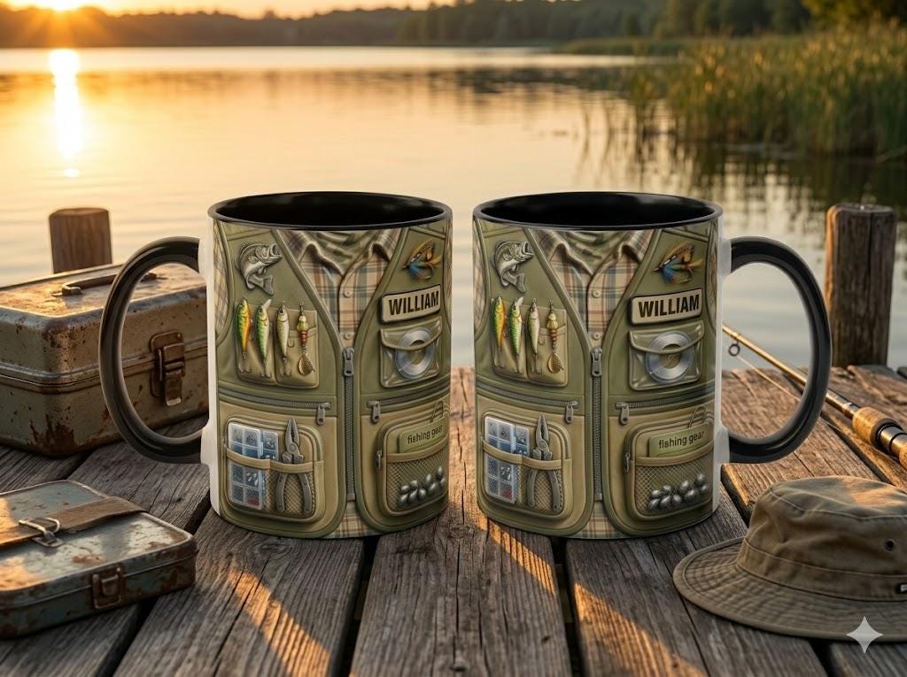 Personalized Fishing Mug, Custom 3D Fishing Vest Design Coffee Cup for Dad Grandpa, Angler Tackle Gear Gift 11oz 15oz Father's Day Gift