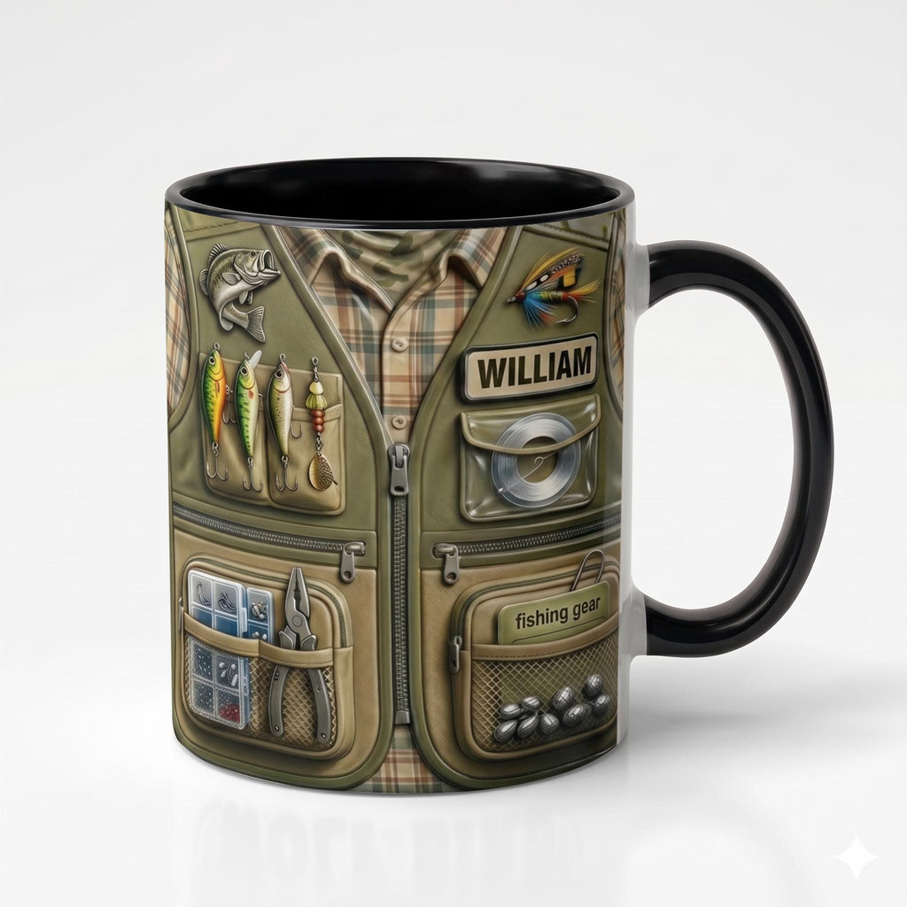 Personalized Fishing Mug, Custom 3D Fishing Vest Design Coffee Cup for Dad Grandpa, Angler Tackle Gear Gift 11oz 15oz Father's Day Gift